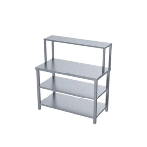 Mobile Table with 2 Undershelves and 1 Overhead Shelf – ASMW Kitchen Equipment Goa | Stainless Steel Commercial Kitchen Equipment for Food Preparation and Storage