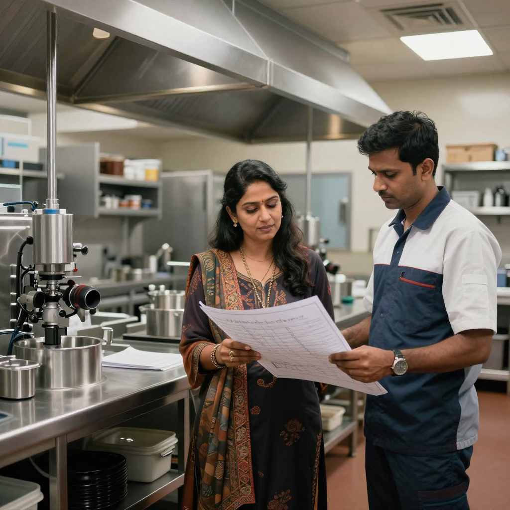 Indian restaurant owner and commercial kitchen expert planning professional kitchen layout with equipment design drawings.