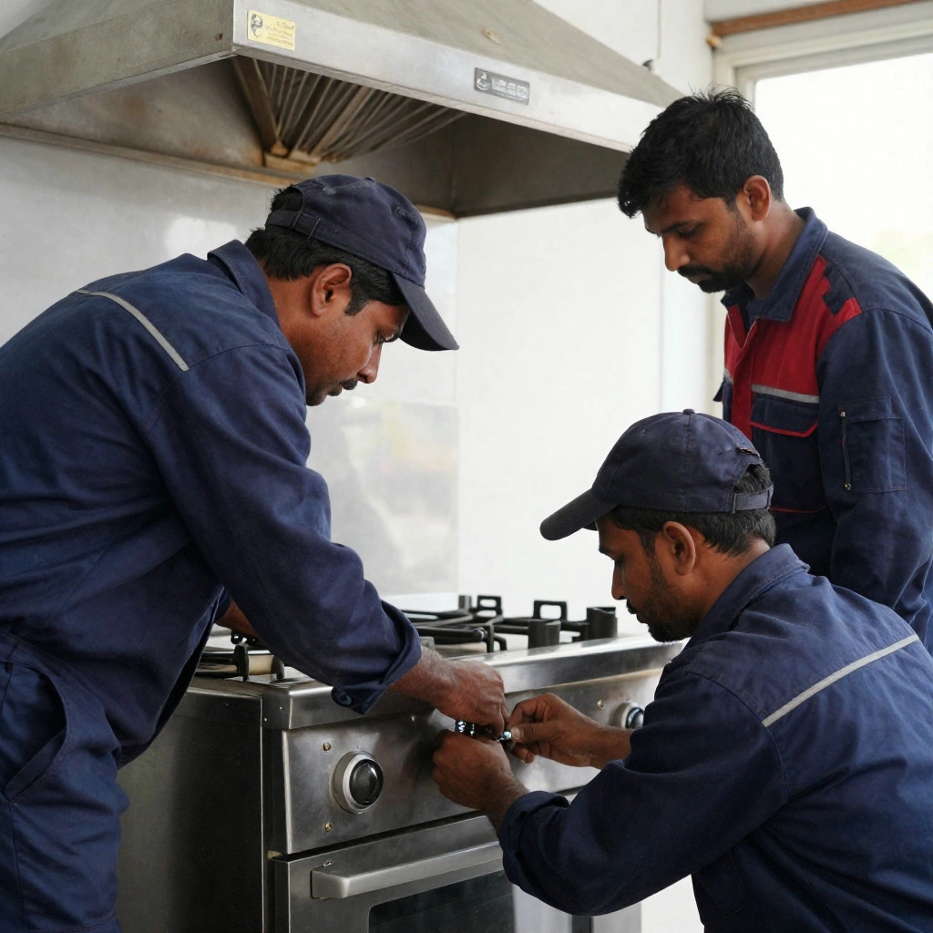 ASMW Kitchen Equipment team installing stainless steel commercial cooking ranges in a professional restaurant kitchen